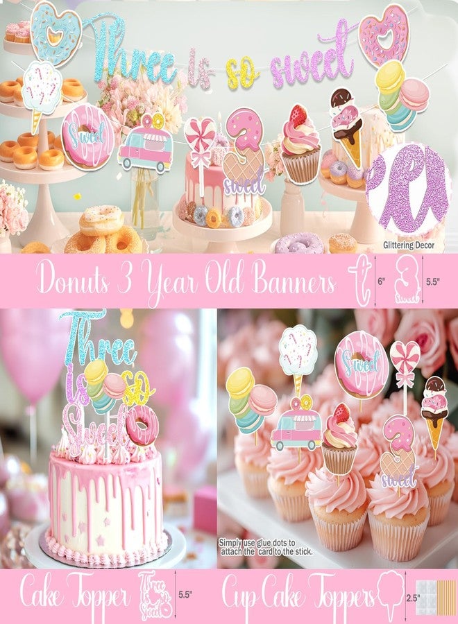 Hombae Three Is So Sweet Birthday Party Decorations, 3rd Birthday Decorations for Girls, Donut Birthday Party Supplies with Banner Cake Topper Foil Balloon for 3 Year Old Sweet Party - Image 4